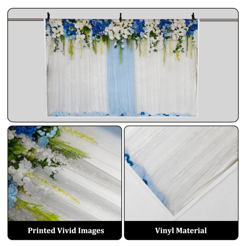 AOFOTO 7x5ft Blue White Flowers Curtain Wedding Backdrop Romantic Floral Wall Drapes Bride Groom Ladies Girls Photoshoot Background for Wedding Reception Ceremoney Birthday Cake Table Decor Banner - Image 2